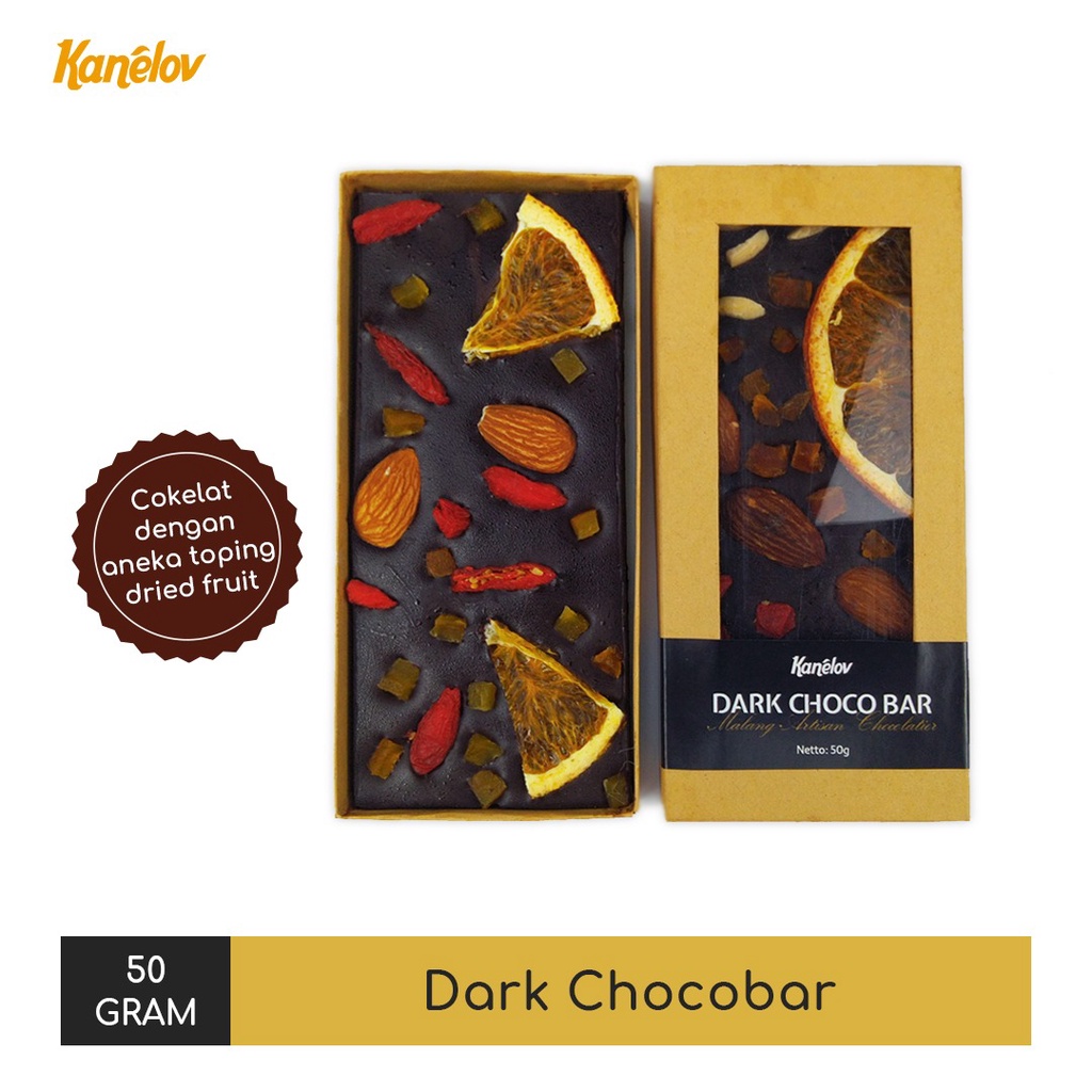 

Kanelov Dark Chocolate Bar dengan topping buah kering