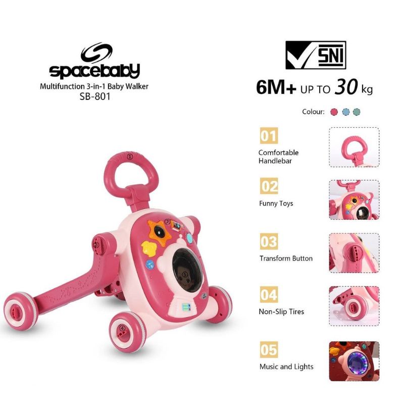 SpaceBaby Multifunction 3 in 1 Baby Walker Space Baby SB 801 / Alat Belajar Jalan Dorongan Skuter