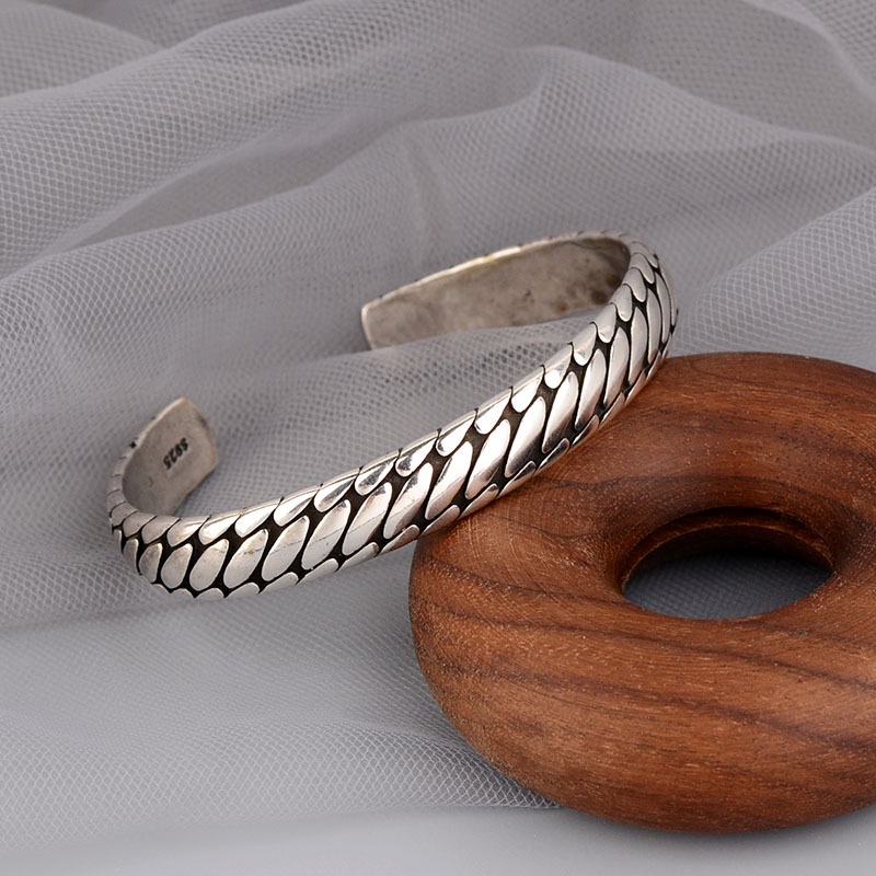 Gelang Bangle 925 Silver adjustable Pola Geometris Gaya Retro Kasual Untuk Pria Dan Wanita