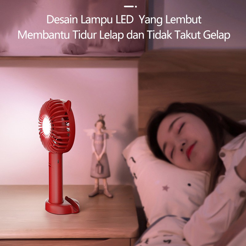 Kipas Angin Mini Portable mini Recharge fan Karakter + Lampu LED 3-Speed Adjustment