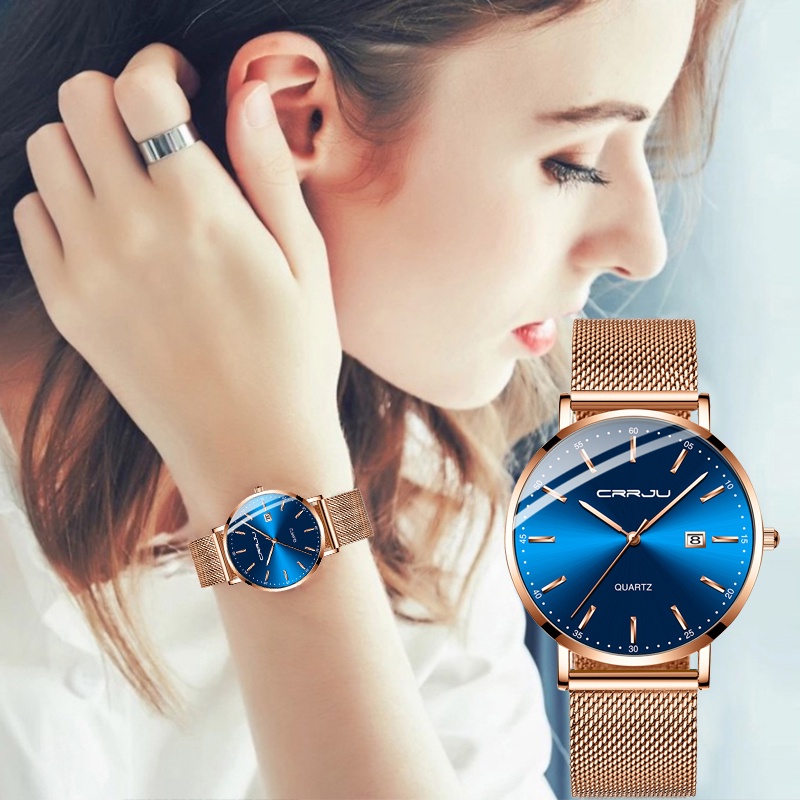 CRRJU Jam Tangan Wanita Tipis Sederhana Fashion Tahan Air Quartz Watch Automatic Date Jam Tangan Wanita Perempuan