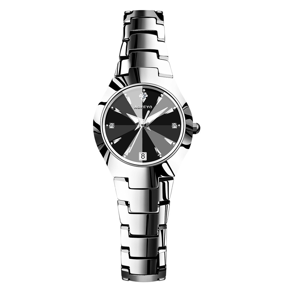 AOKEYO W101 Jam Tangan Wanita Original Berlian Anti Air Analog Bisnis Kuarsa Jam Tangan Cewek（Gratis Gelang + Kotak）-Hitam Perak