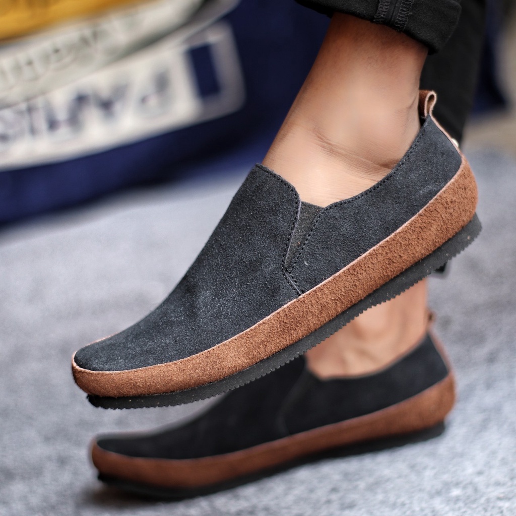 MARO Sepatu Casual Slop Pria HItam Kulit Asli Suede Slip On Cowok Trendy Murah