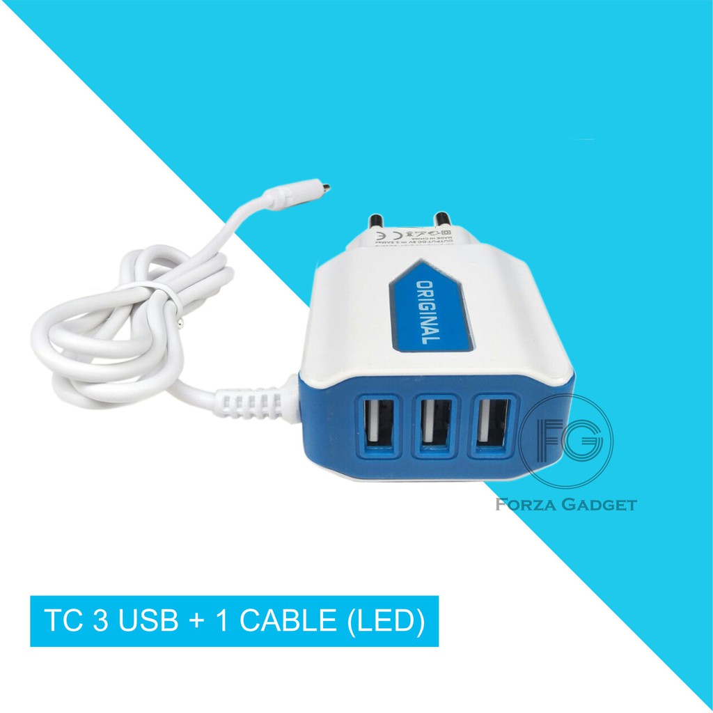 Travel Charger Lampu LED 3 usb 2.1A Fast Charging Batok plus Kabel