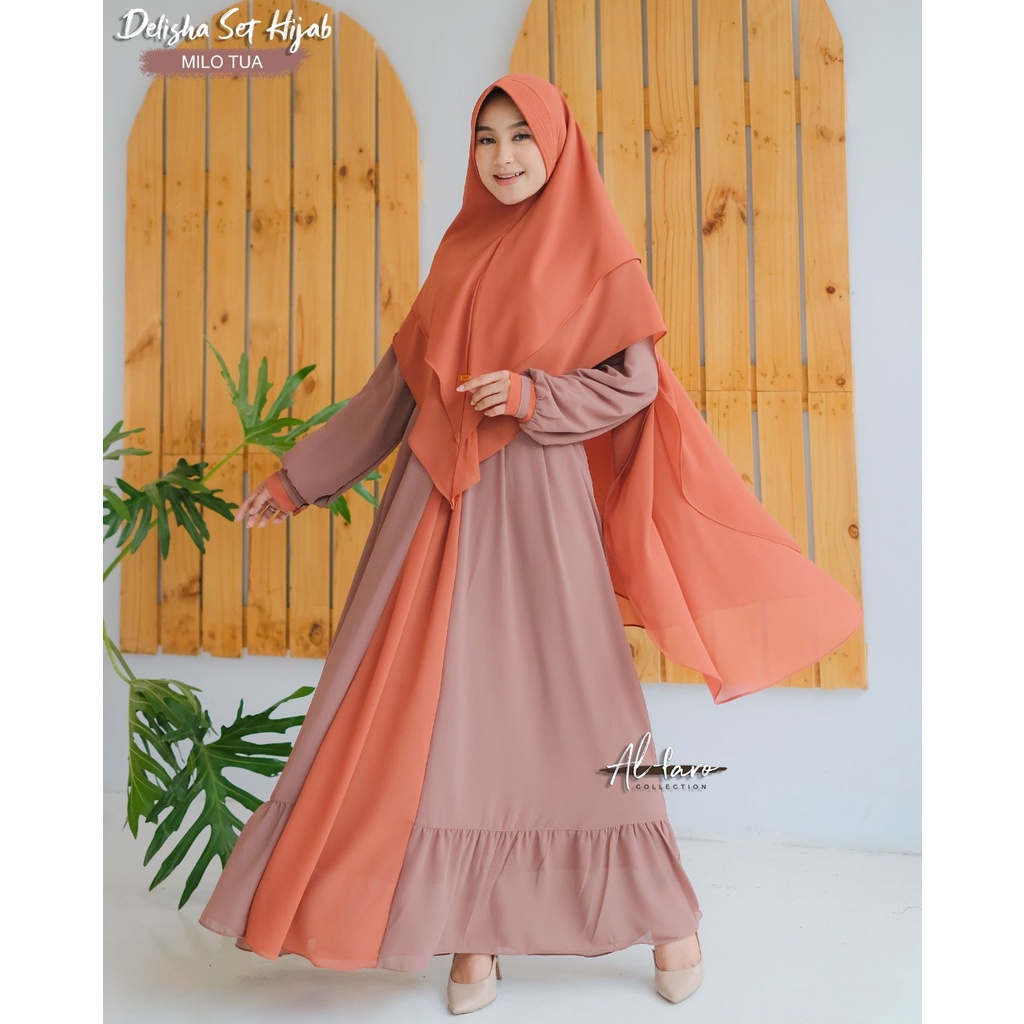 GAMIS CERUTY BABYDOLL DELISHA ALFARO SET KHIMAR style syari baju hari raya lebaran wanita terbaru simpel elegan