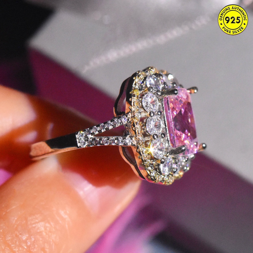 Cincin Berlian Kristal Bentuk Kotak Warna Pink Gaya Eropa Dan Amerika