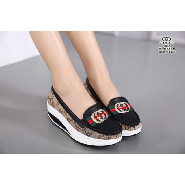SEPATU SANDAL SLIP ON WEDGES GUCCI HITAM CEWEK WANITA KERJA KULIAH KANTOR KOREA CASUAL SIMPLE MURAH