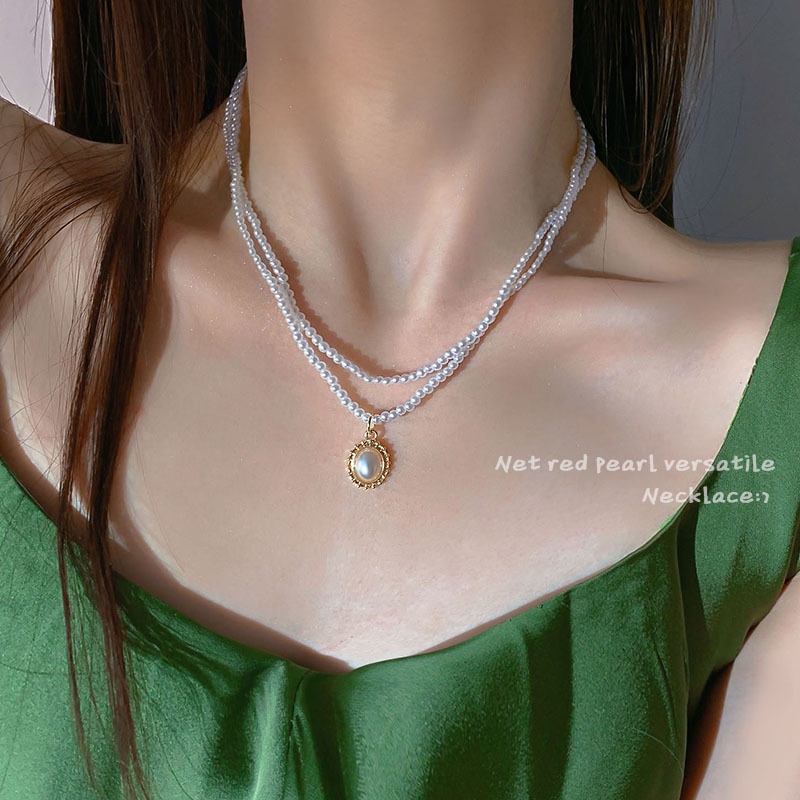 Kalung Rantai Klavikula Ganda Aksen Mutiara Gaya Retro Korea Untuk Aksesoris