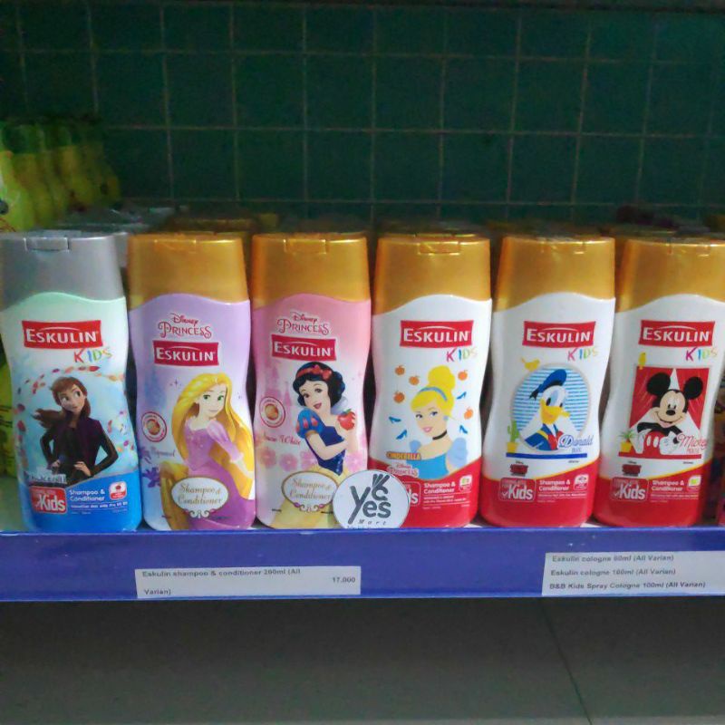 Eskulin Kids Shampoo &amp; Conditioner 200ml Sampo Kondisioner Anak Frozen II Anna Rapunzel Snow White Cinderella Putri Duyung Donald Duck Bebek Mickey Mouse Minie Aroma Fruity