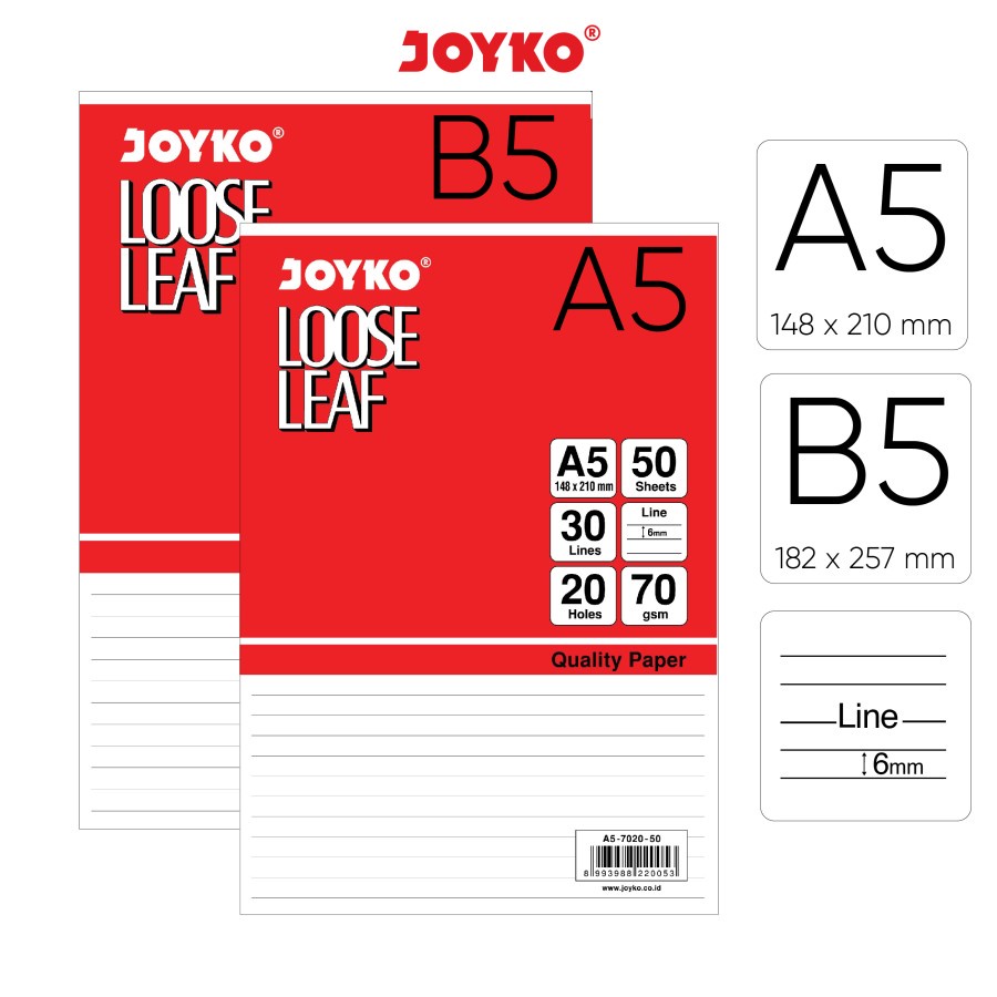 

Joyko Loose Leaf Garis B5-7026-100 & A5-7020-100 - 100 lembar ( 70 gsm )