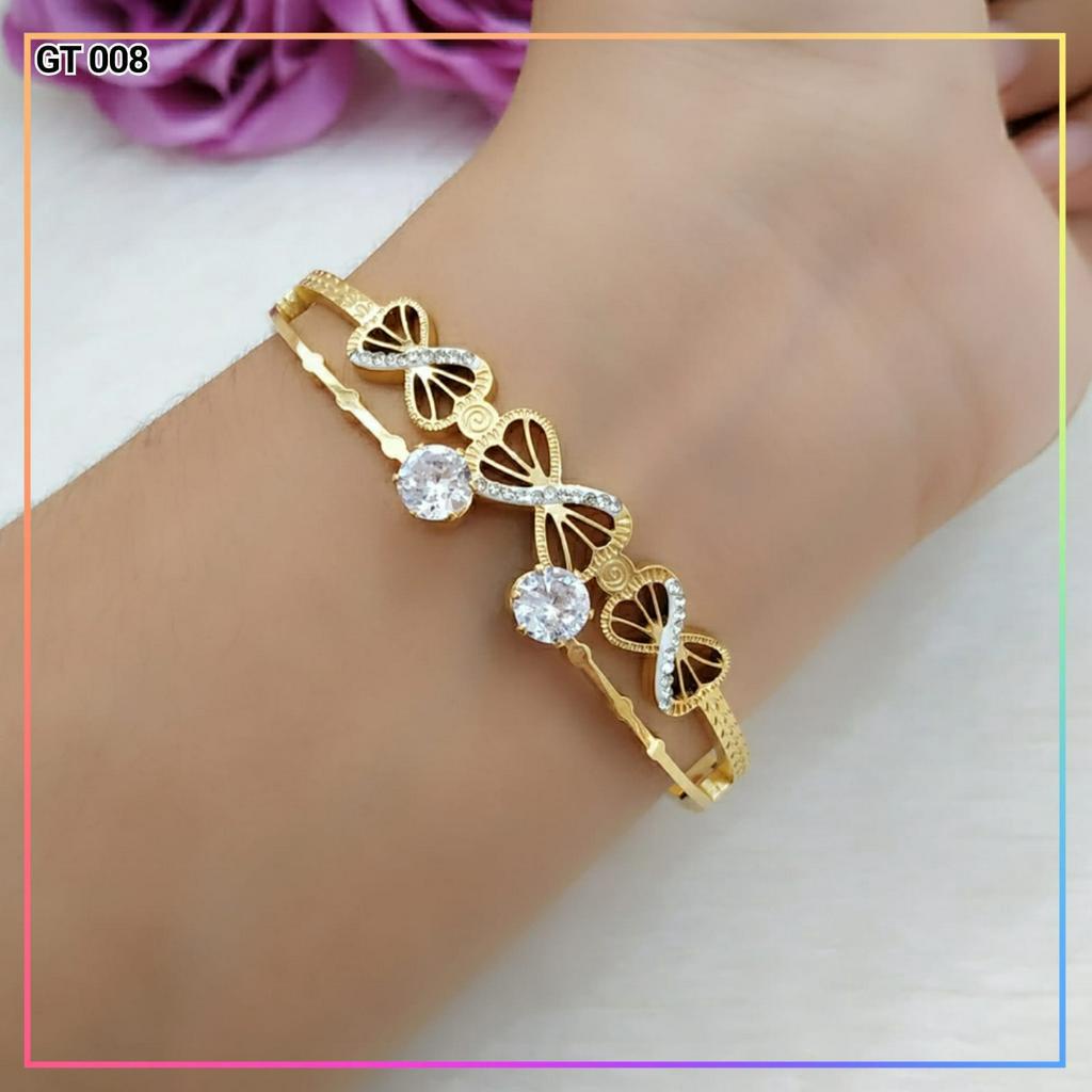 Gelang titanium/stainless steel Gelang Bangle Dewasa Permata Pita Ukir Gold Cantik Perhiasan Anti Karat GT 008