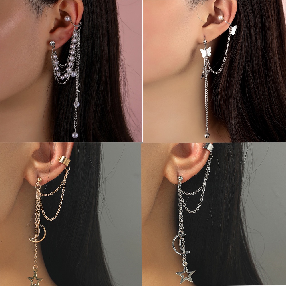 Anting Tusuk Gantung Desain Kupu-Kupu + Bintang + Bulan Hias Mutiara + Berlian Untuk Wanita