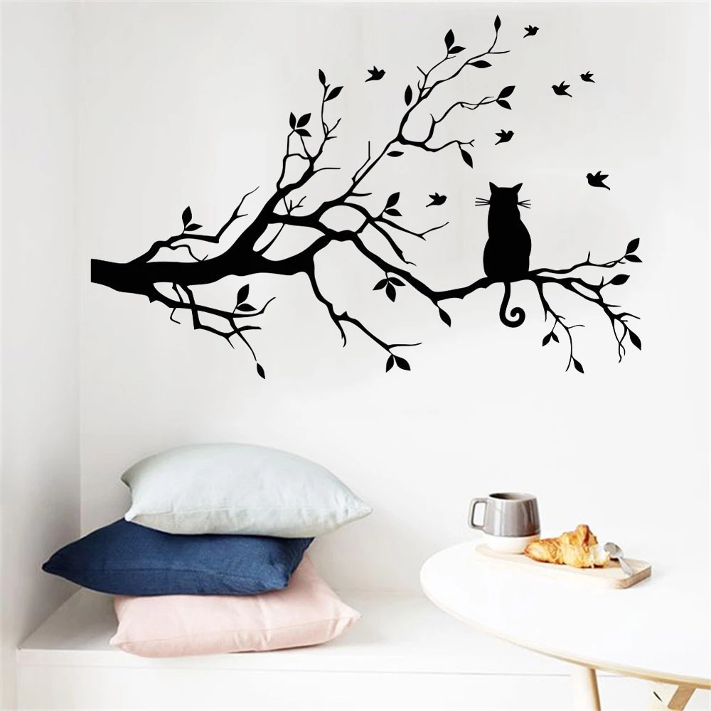 Stiker Dinding Decal Desain Cat on A Tree Branch Untuk Ruang Tamu / Kamar Tidur