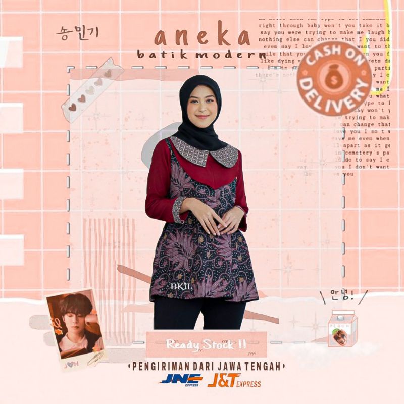 BKiL original atasan blouse batik cewek mix moscrepe double collar maroon jumbo kerja kantor modern
