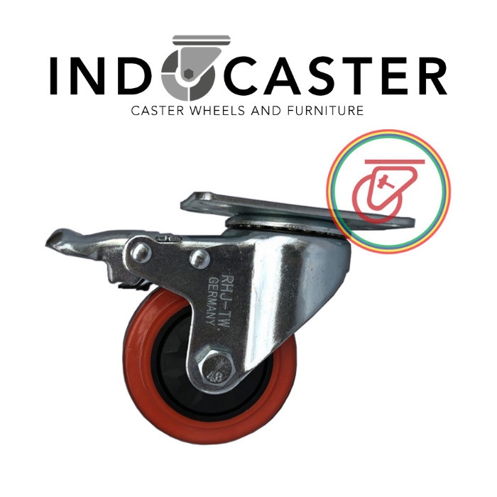 Roda Troli PU RHJ-TW Double Ball Bearing Plat Rem Diameter 4 Inch