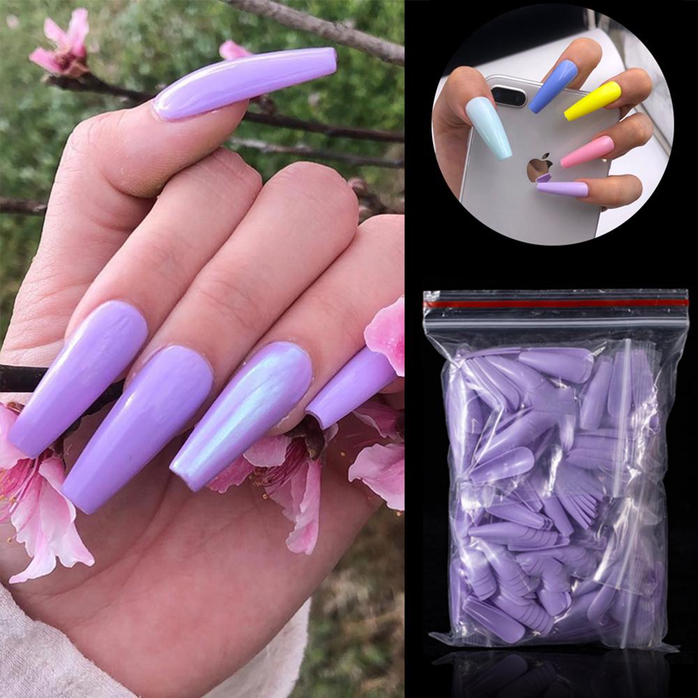 Mxbeauty Kuku Palsu 10ukuran Warna Permen Alami Ballerina Panjang Press On Full Cover Nail Extensions