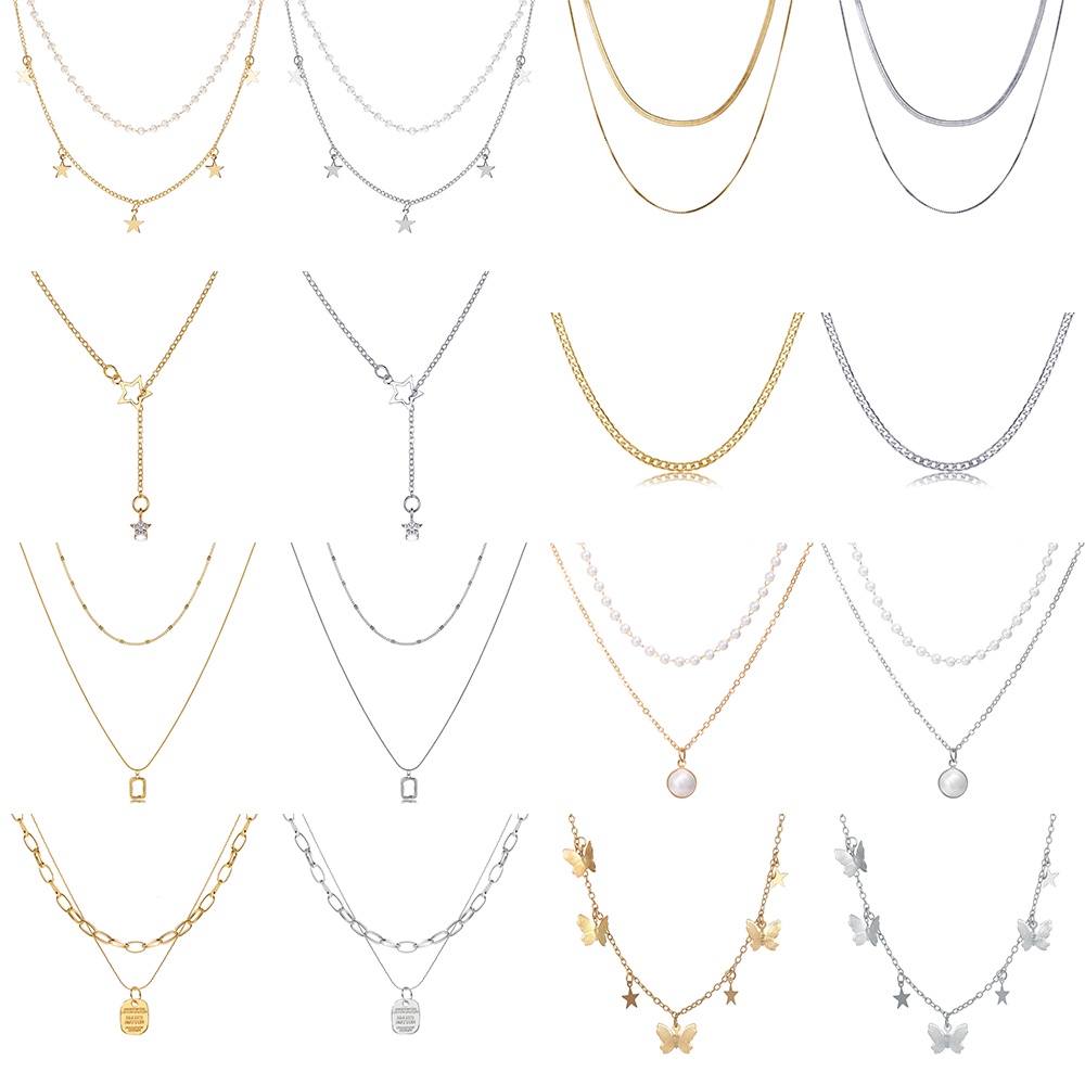 AY(CN) Kalung Rantai Multilayer Dengan Liontin Kupu-Kupu Aksen Kristal Mutiara Untuk Wanita