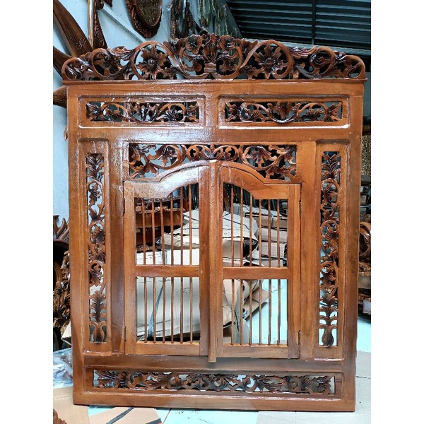 hiasan jendela cermin krepyak Jati ukir Natural jepara