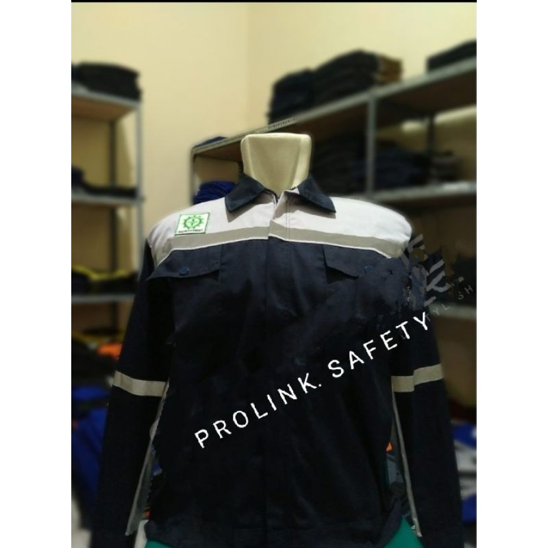 RESLETING BAJU SAFETY DONGKER GELAP CREM BERLOGO K3 BENDERA SERAGAM ATASAN WEARPACK