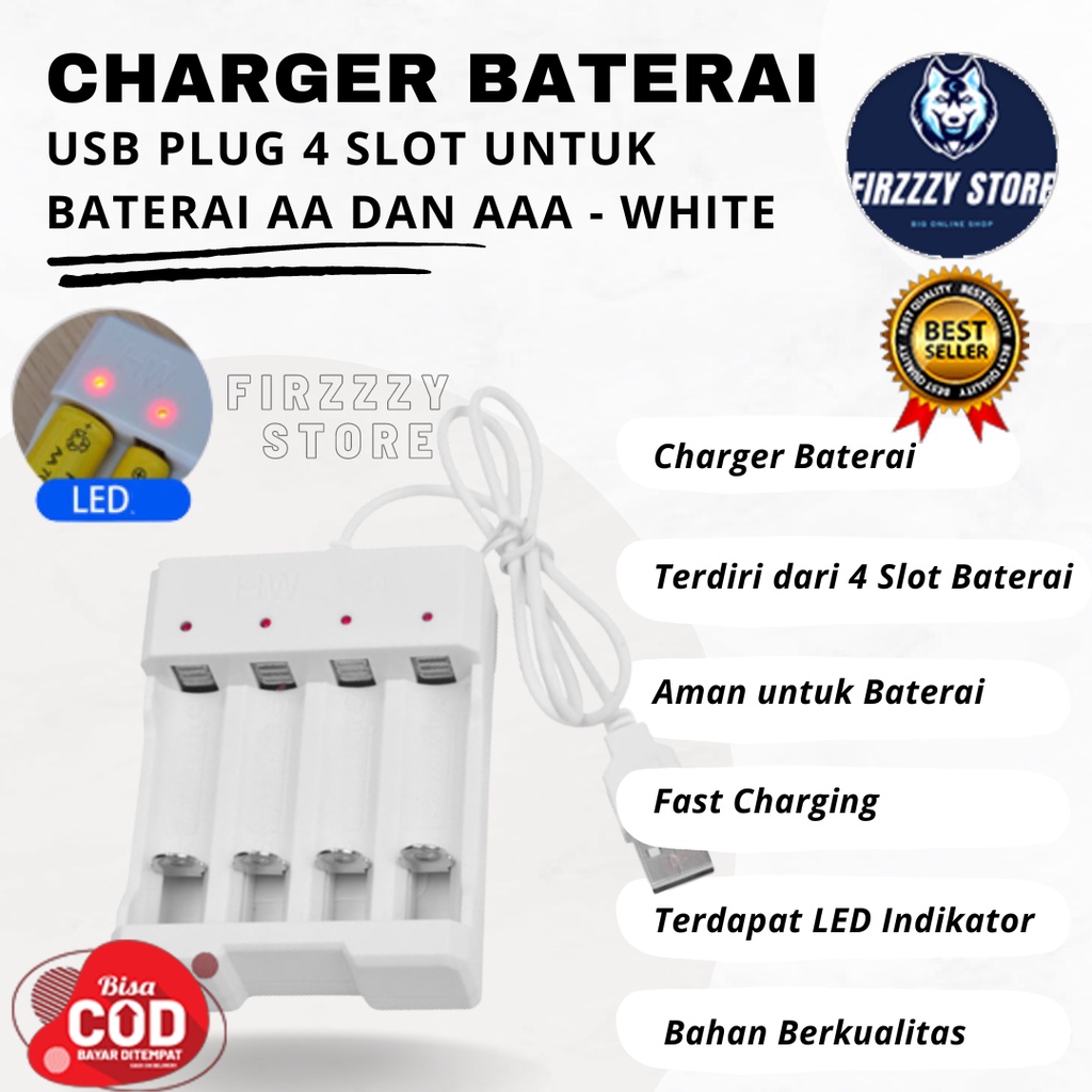 Charger Baterai USB Plug 4 slot untuk baterai AA dan AAA - White