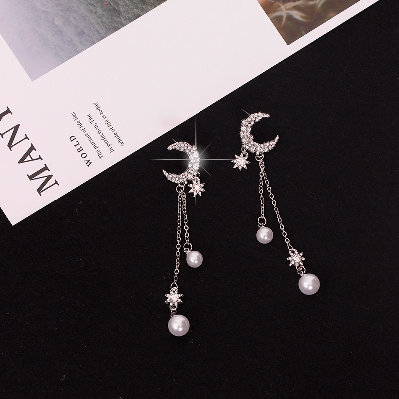 Anting Rumbai Panjang Desain Bulan Sabit Aksen Berlian Imitasi Bahan 925 Silver Needle Gaya Korea Untuk Wanita