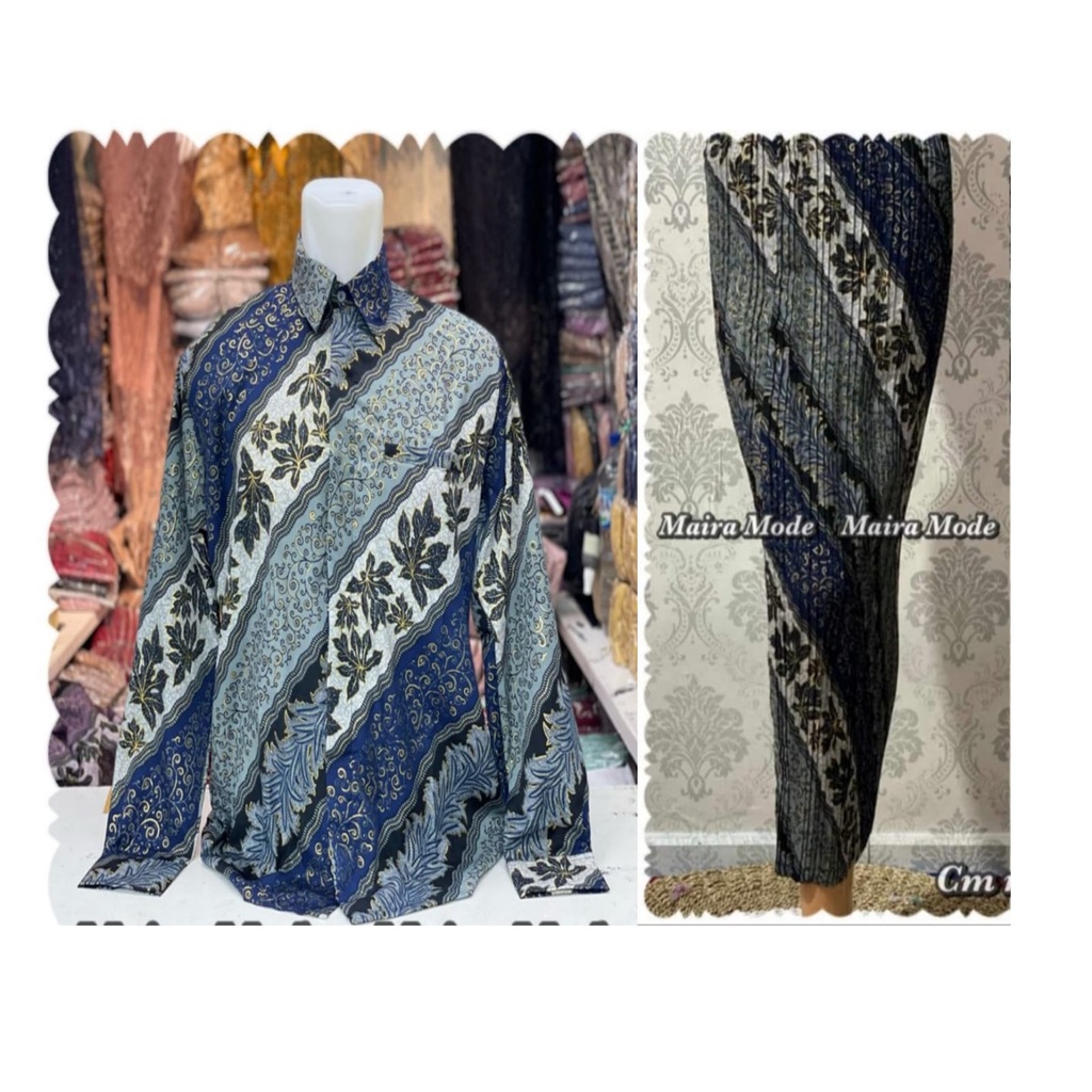 Couple batik kemeja dan rok plisket / set rok plisket dan kemeja batik / motif cm biru