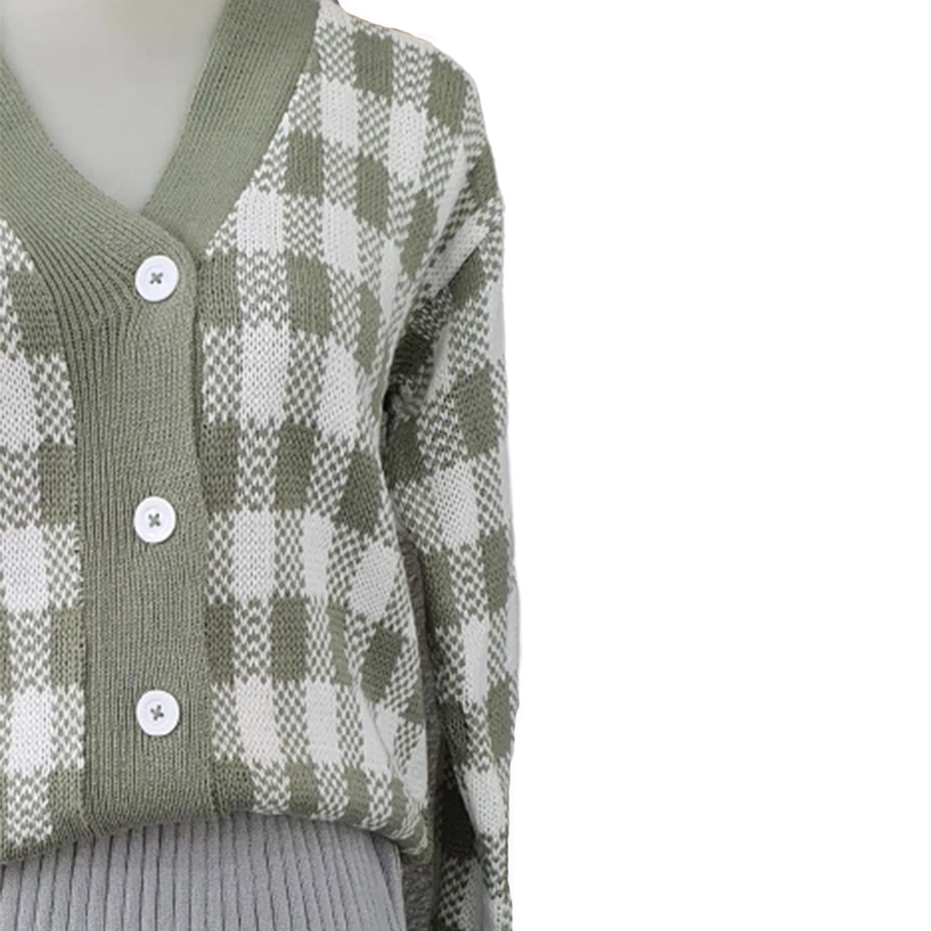 Vallina Plaid Knit Cardigan | Outer Rajut Kotak Kardigan Muslim Wanita Korean Style-1