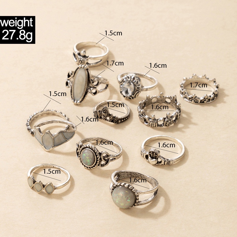 12pcs / Set Cincin Desain Ukiran Kura-Kura Aksen Batu Permata Berlian Untuk Wanita