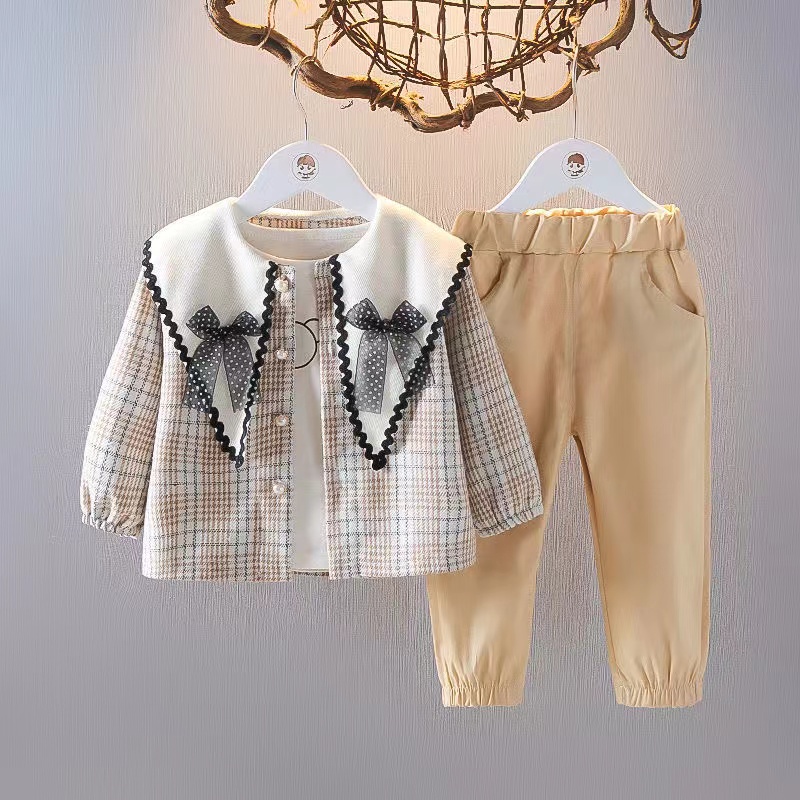 KF CAT Setelan Anak Perempuan  Fashion Kotak-Kotak Lengan Panjang+Blazer+Celana Panjang 3in1Korea Import Umur 1-4 Tahun-5