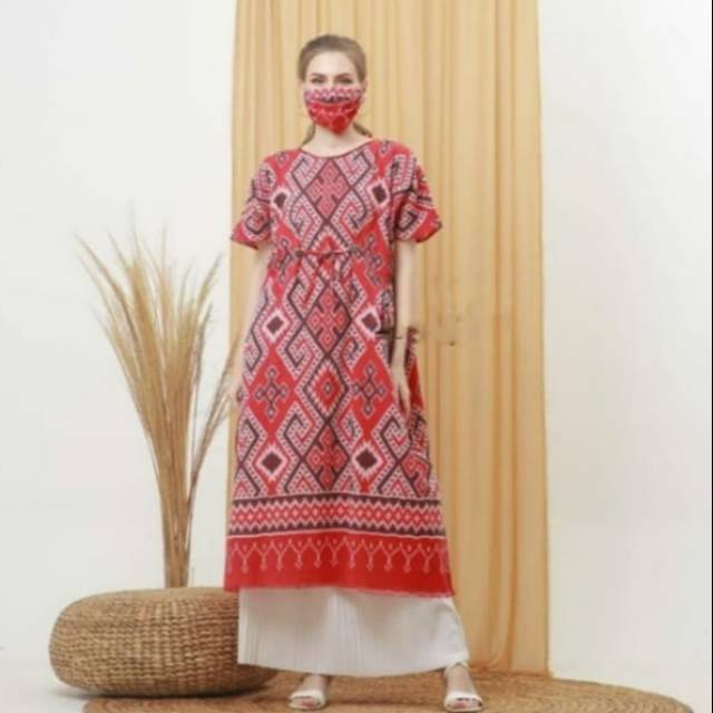 Dres tenun motif kupang red premium free masker