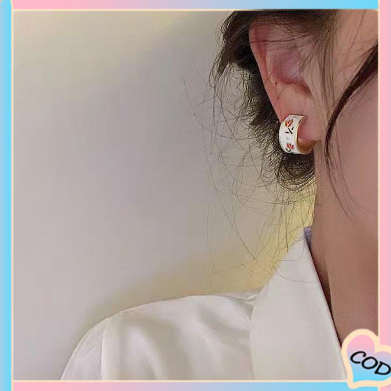 COD❤️Retro Musim Semi Tulip Lingkaran C Cincin Gaya Hong Kong s925 Sterling Silver Stud Earrings-A.one