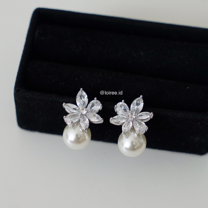 EMMA | Wedding Collection - Zirconia Flower Pearl Stud Drop Earrings - Anting Bridal Tusuk Wanita