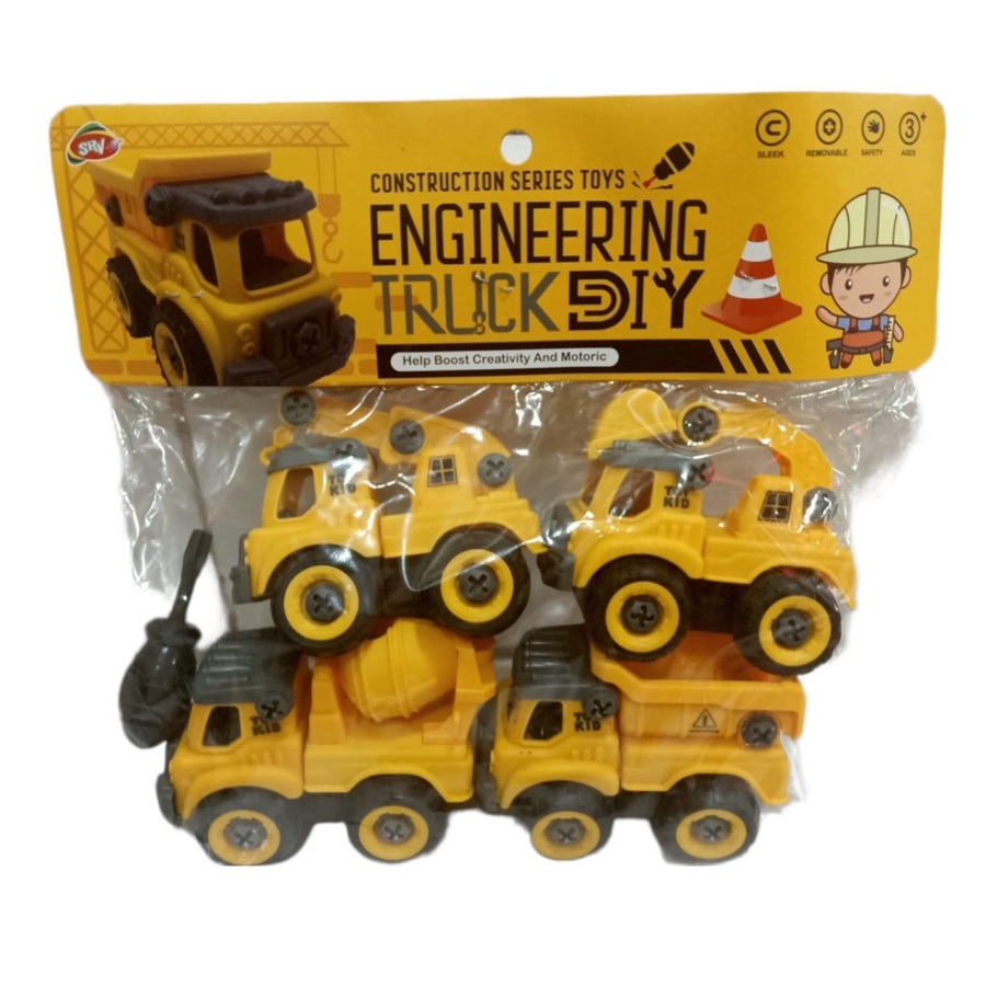 Mainan Mobil Truk Bongkar Pasang + Obeng - Assemble Engineering Construction / Fire Truck DIY - Truk Konstruksi / Pemadam Kebakaran Isi 4