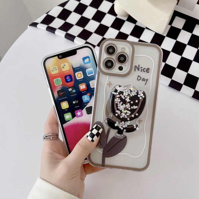 Flow Glitter Tulip Popsocket Soft Case iP iPhone 11 12 13 Pro Max 6 6S 7 8 + Plus X XR SE 2020 XS Max Casing