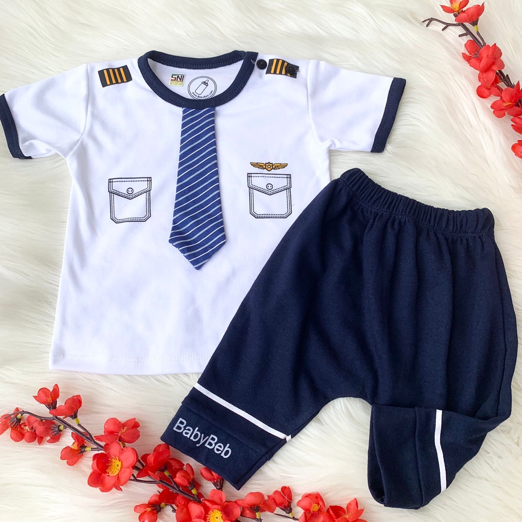 Baju setelan kaos putih celana pergi jalan lucu bestseller fashion anak bayi cowok laki murah -lit