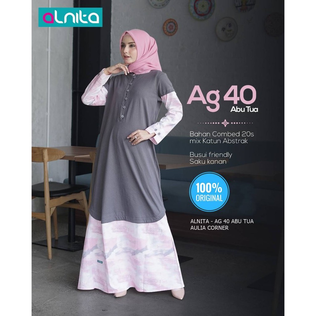 Grosir Baju Gamis Alnita AG 40 Abu Tua Muda ORIGINAL Koleksi Baju Muslim Gamis