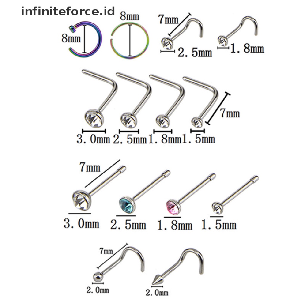 20 Pcs / Set Cincin Stud Tindik Tubuh Hidung Aksen Kristal