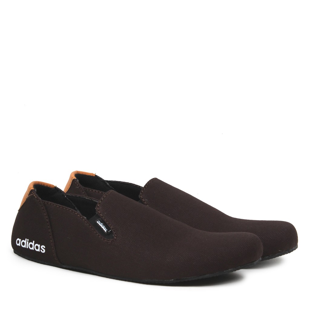 COD!! Sepatu Selop Casual Santai Pria Adidas Simple Coklat Kanvas / Spatu Murah Keren Slip On Cowok