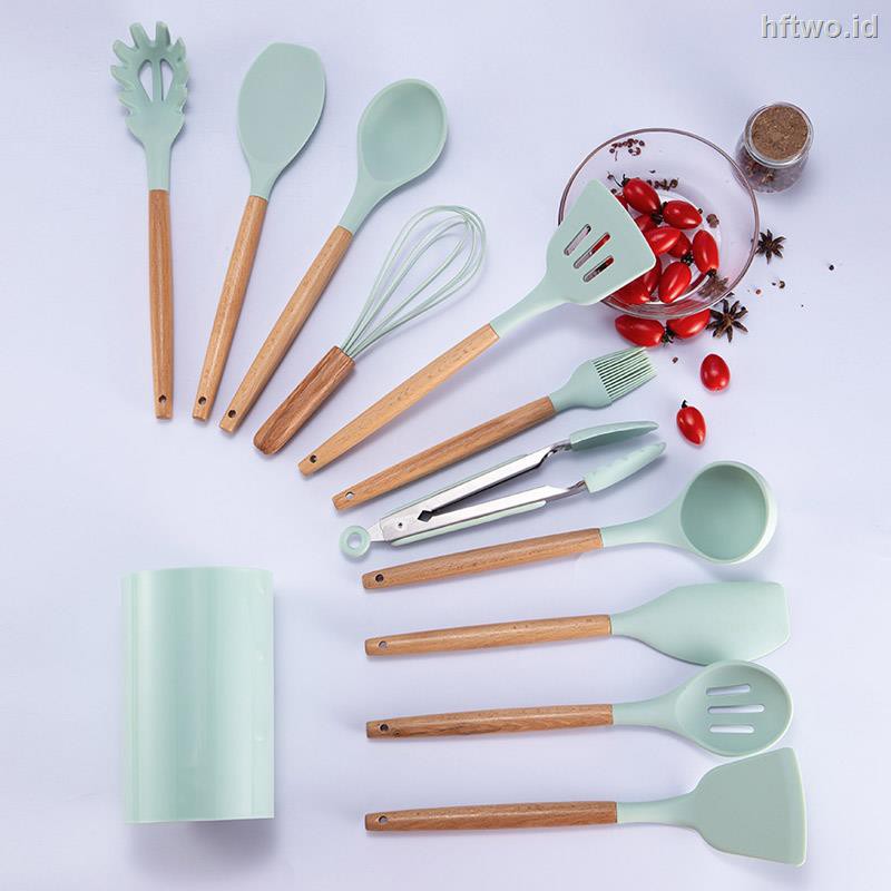 Set Sendok Sekop Dengan Gagang Kayu Bahan Silikon Anti Set Sendok Sekop Dengan Gagang Kayu Bahan Silikon Anti