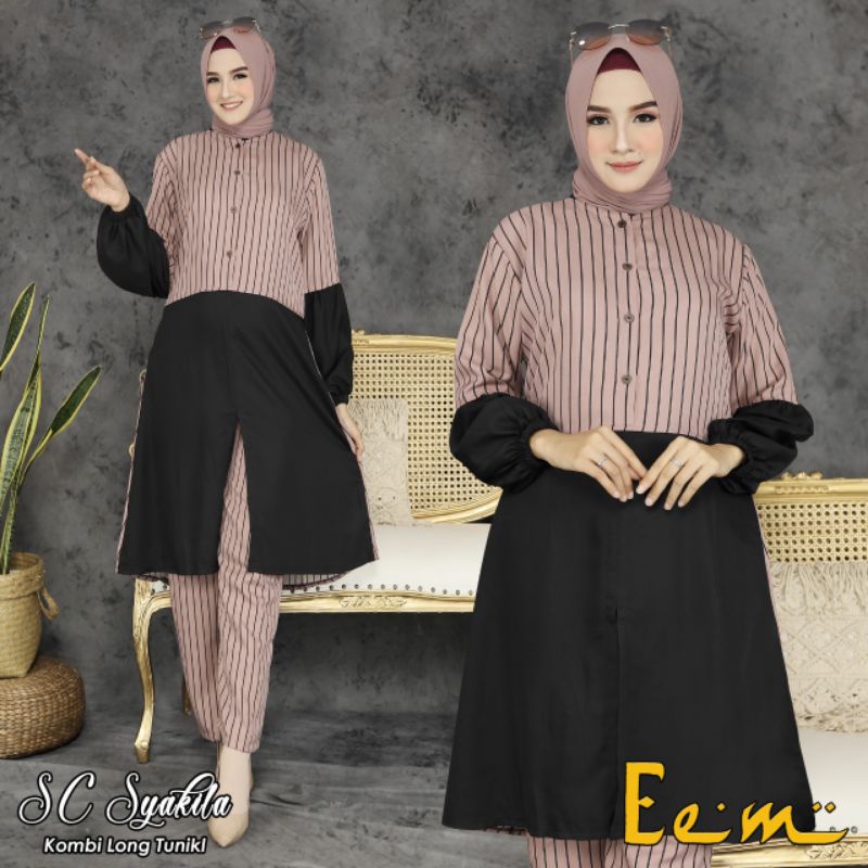 Setcel Setelan Celana Shakila Salur Kombinasi Hitam Bawah