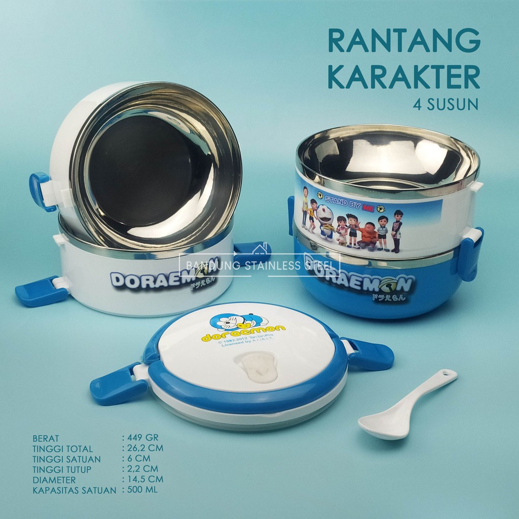 Rantang lucu 4 susun stainless steel lunch box karakter riilakuma Doraemon Hello kitty