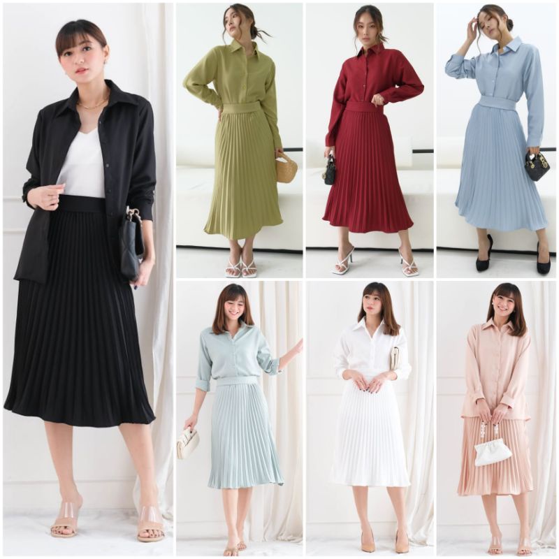 ❣️SPECIAL PRICE ♡ PREMIUM ♡ ORIGINAL ! SAPHIRE 2 IN 1 SET LONG SLEEVE SHIRT +  PLISKET PLEATED MIDI atau MAXI FLARE SKIRT / SETELAN KEMEJA LENGAN PANJANG &amp; ROK PLISKET RAMPLE ( HIJAB &amp; BUSUI FRIENDLY )