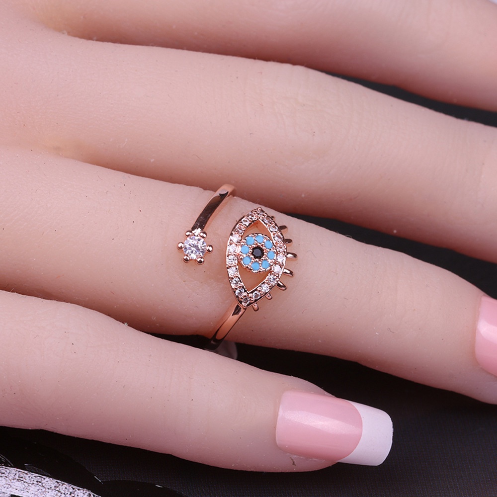 Cincin Model Terbuka Dapat Disesuaikan Desain Mata Iblis Biru Turki Bahan Cubic Zircon Untuk Wanita