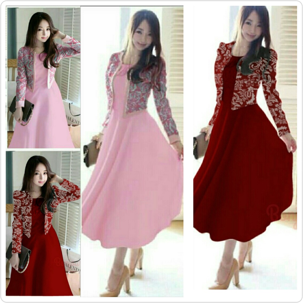 Dress wanita Korea/ dress+cardigan 2in1 st famous / longdress wanita simple casual vr