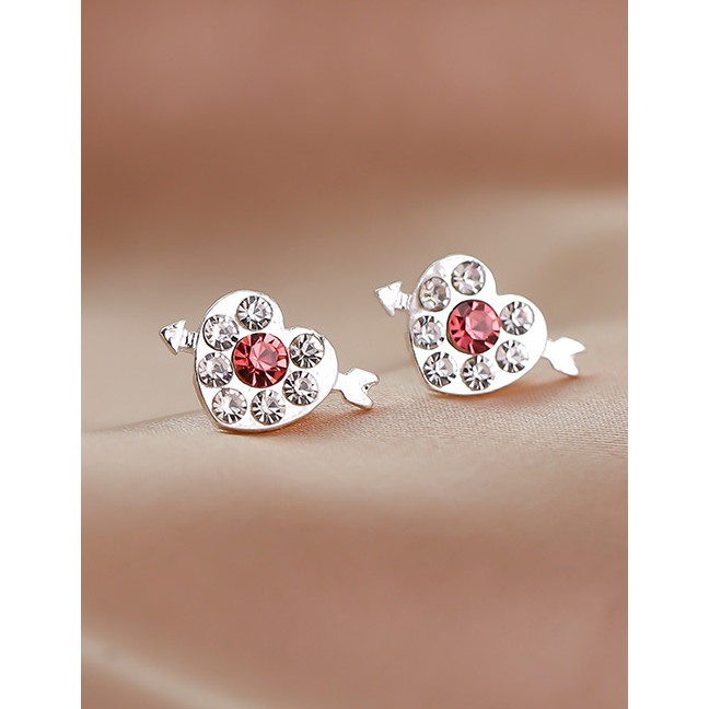 LRC Anting Tusuk Fashion Silver Heart-shaped Arrow Pierced Earrings With Rhinestones K09596