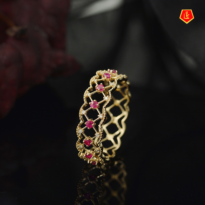 [Ready Stock]Retro Simple Lace Inlaid Colored Gems Ring