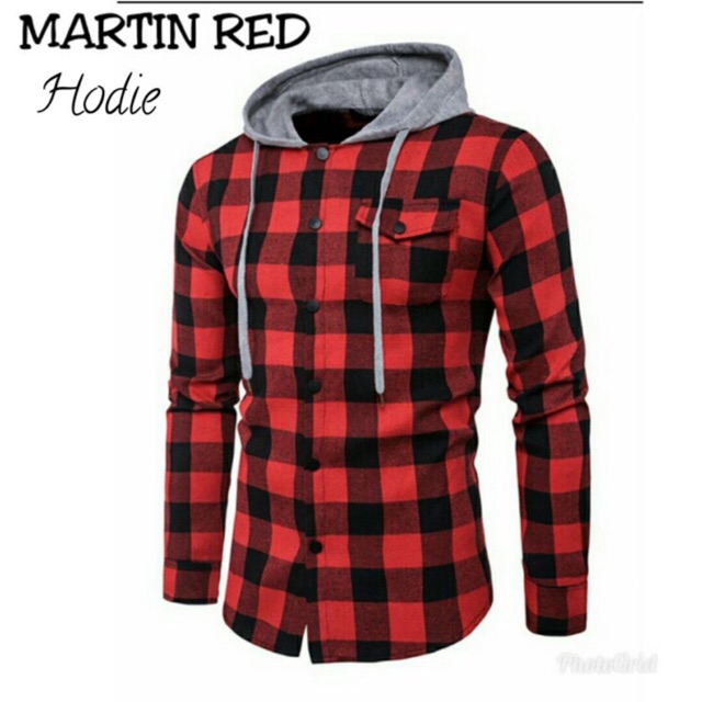 Kemeja Hoodie Martin Lengan Panjang Cowok Pria Slimfit Motif Kotak