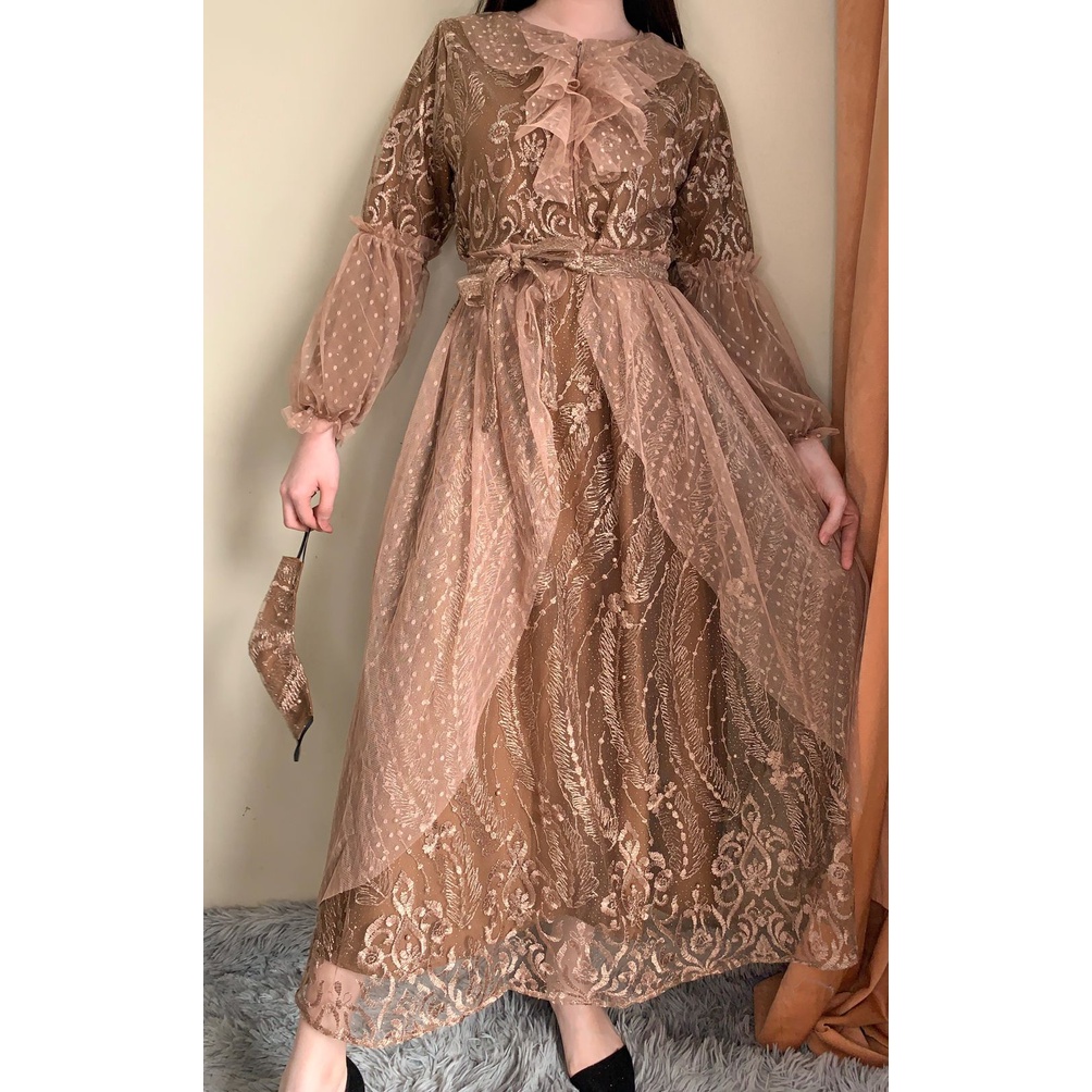 Produk Baru Ken-257 Busana Lebaran Longdress Busui Kondangan Mewah Dress Maxi Pesta Wanita Longdress Gamis hijab Long Dress Muslim Full Brukat Tulle Premium Import  Include Tali Pinggang