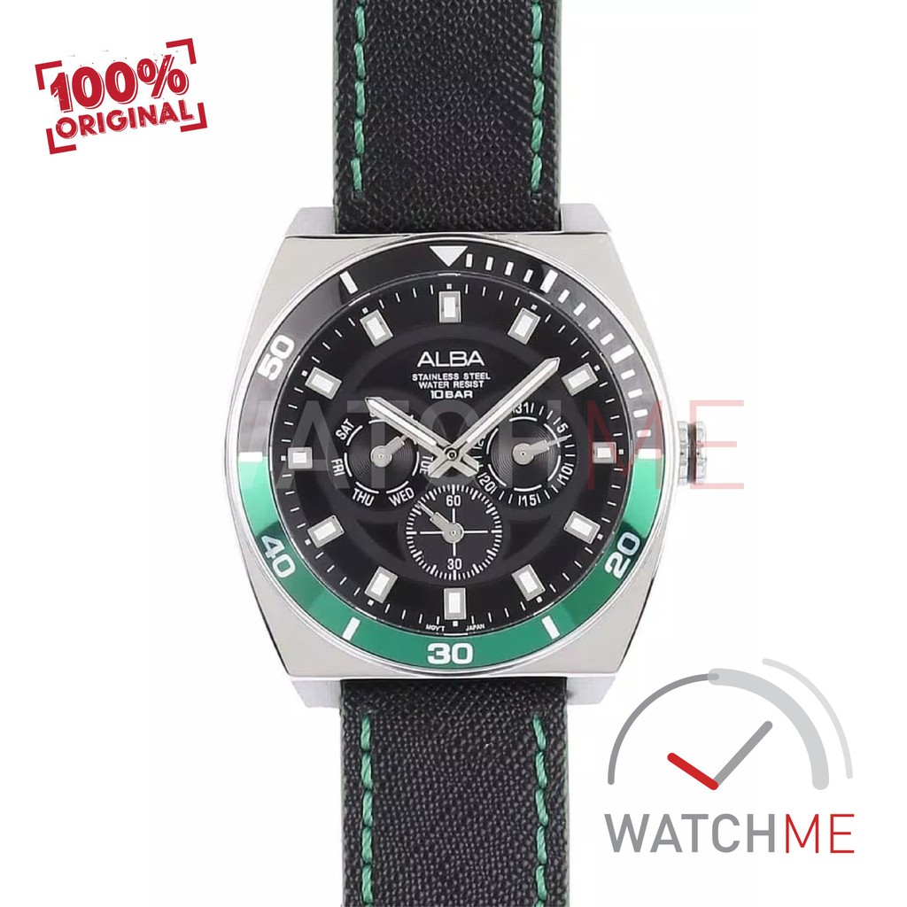 Jam Tangan Alba Analog AP6565X1 Chronograph Black Dial Green 100m Nylon Strap Original Garansi Murah