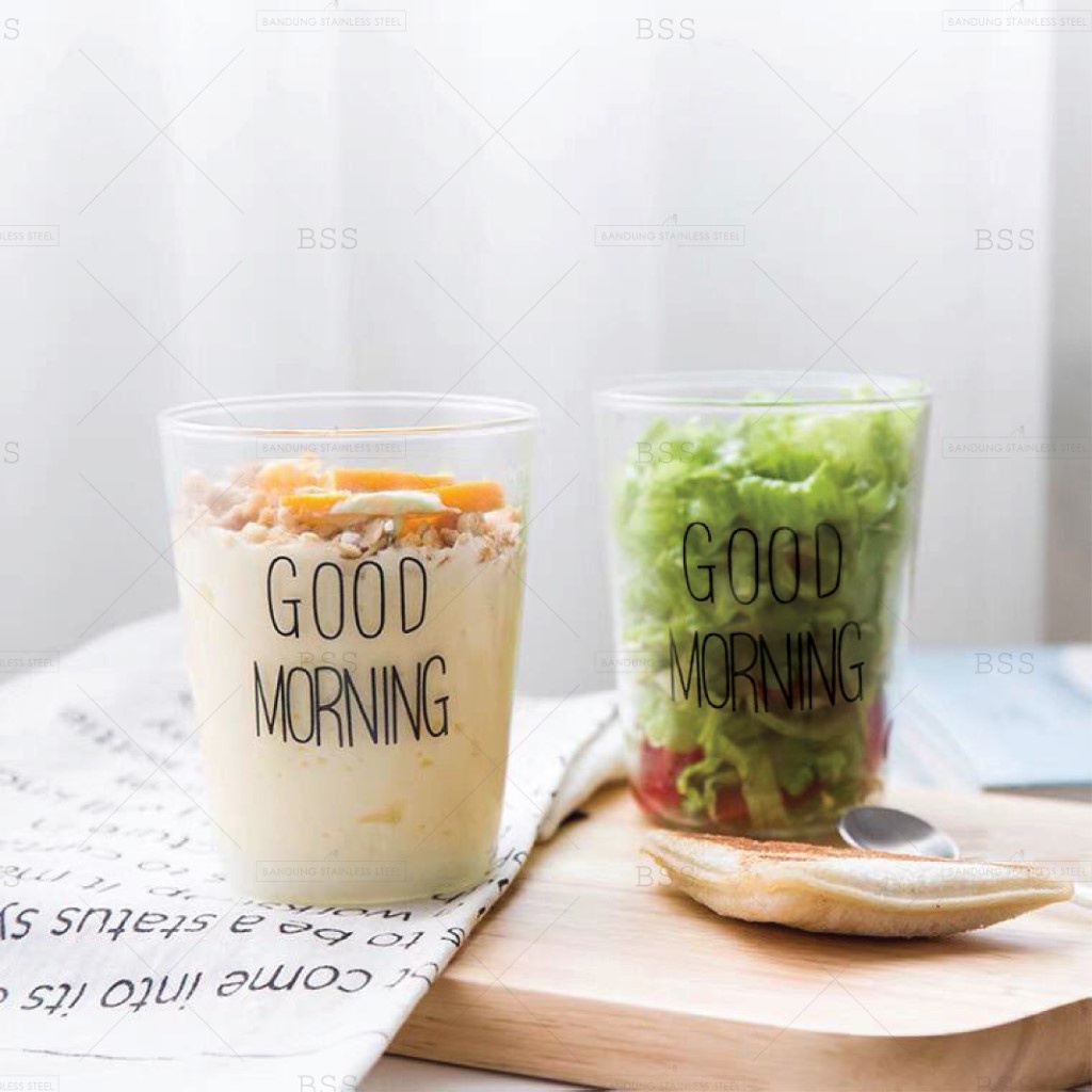 Gelas Kaca Borosilicate 450ML Juice Jus Susu Kopi Good Morning Simple Cangkir Air Minum Glass Cantik Unik